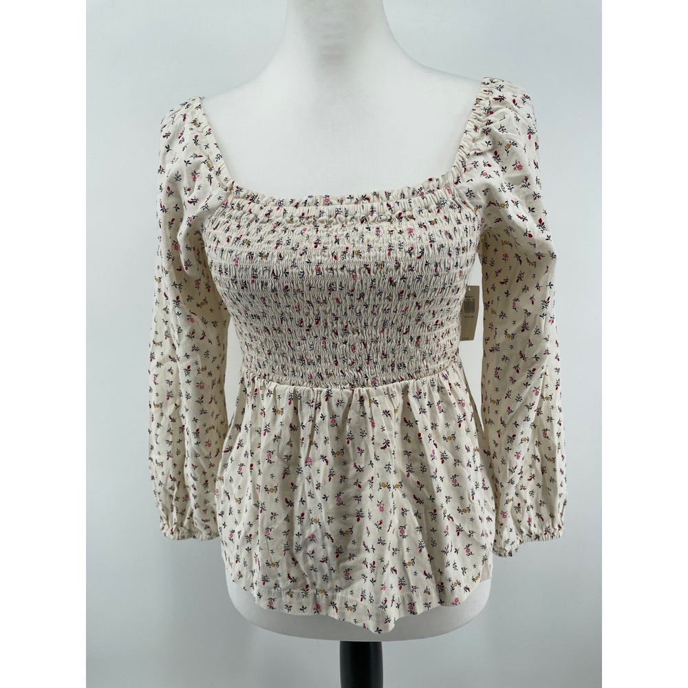 Old Navy Smocked Top Womens XL Cream Floral Cottage Ren Faire Romantic Boho NEW